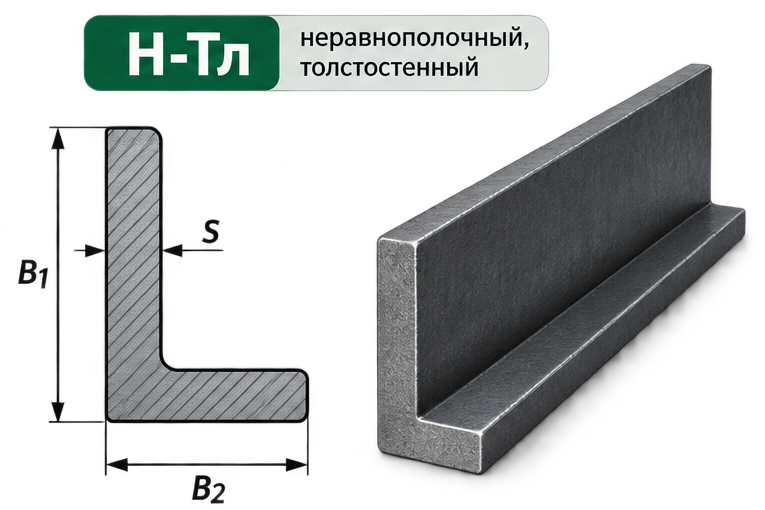 Уголок неравнополочный толстостенный, схематический рисунок с размерами.